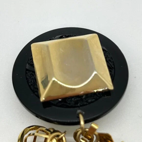 Vintage Gold Black Dangle Earrings Faux Pearl Geometric Retro Runway Chandelier - Picture 3 of 16